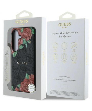 Guess Leather 4G Flowers Print Metal Classic Logo MagSafe Case for Samsung Galaxy S25 - Black