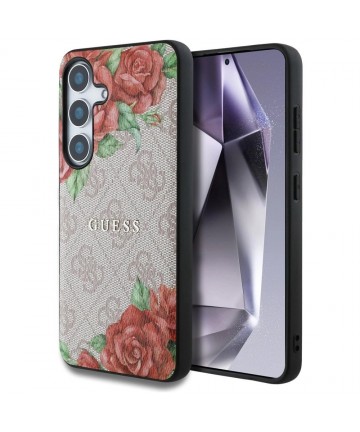 Guess Leather 4G Flowers Print Metal Classic Logo MagSafe Case for Samsung Galaxy S25 - Pink