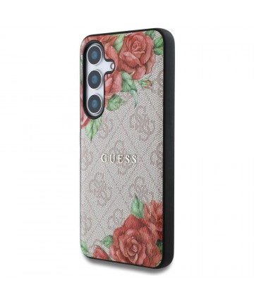 Guess Leather 4G Flowers Print Metal Classic Logo MagSafe Case for Samsung Galaxy S25 - Pink