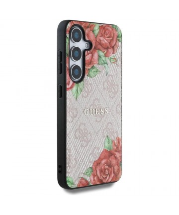 Guess Leather 4G Flowers Print Metal Classic Logo MagSafe Case for Samsung Galaxy S25 - Pink