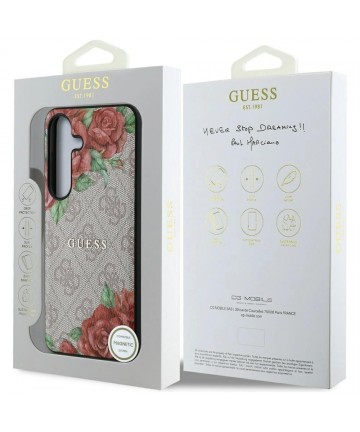 Guess Leather 4G Flowers Print Metal Classic Logo MagSafe Case for Samsung Galaxy S25 - Pink