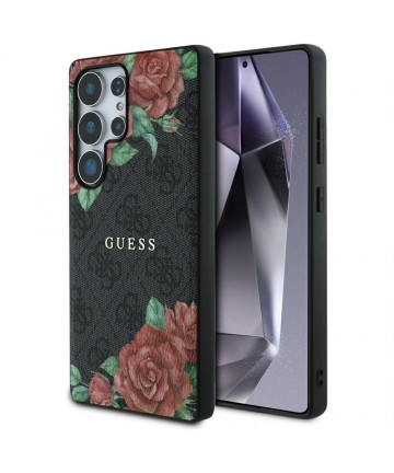Guess Leather 4G Flowers Print Metal Classic Logo MagSafe Case for Samsung Galaxy S25 Ultra - Black