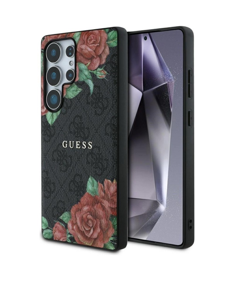 Guess Leather 4G Flowers Print Metal Classic Logo MagSafe Case for Samsung Galaxy S25 Ultra - Black