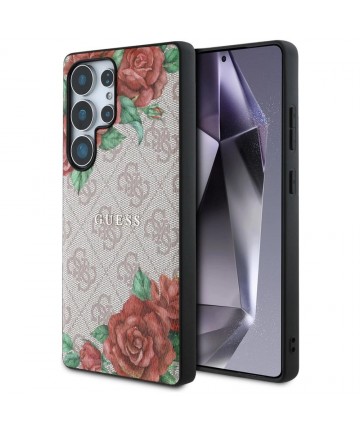 Guess Leather 4G Flowers Print Metal Classic Logo MagSafe Case for Samsung Galaxy S25 Ultra - Pink