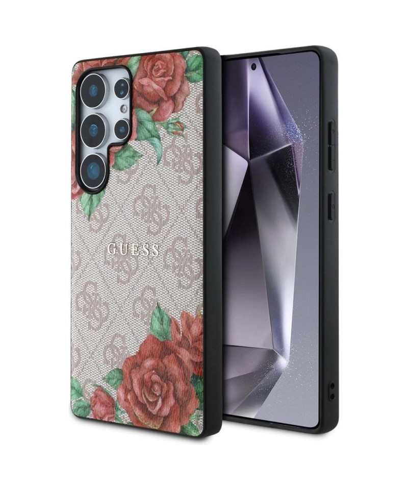 Guess Leather 4G Flowers Print Metal Classic Logo MagSafe Case for Samsung Galaxy S25 Ultra - Pink