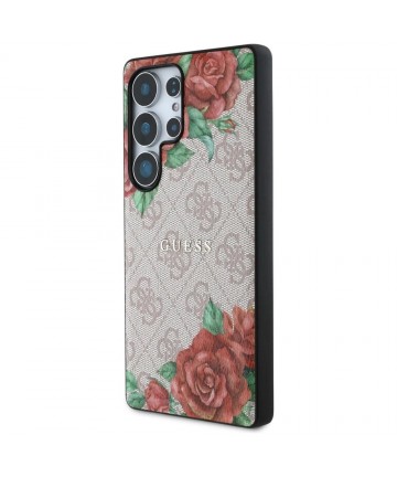 Guess Leather 4G Flowers Print Metal Classic Logo MagSafe Case for Samsung Galaxy S25 Ultra - Pink