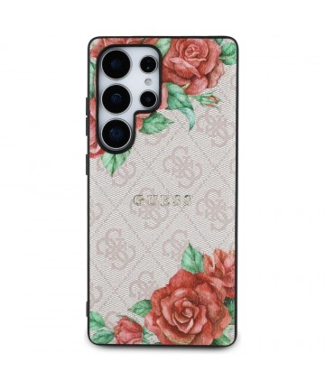 Guess Leather 4G Flowers Print Metal Classic Logo MagSafe Case for Samsung Galaxy S25 Ultra - Pink