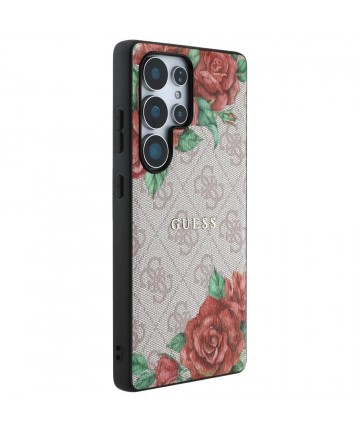 Guess Leather 4G Flowers Print Metal Classic Logo MagSafe Case for Samsung Galaxy S25 Ultra - Pink