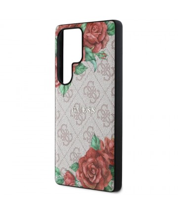 Guess Leather 4G Flowers Print Metal Classic Logo MagSafe Case for Samsung Galaxy S25 Ultra - Pink