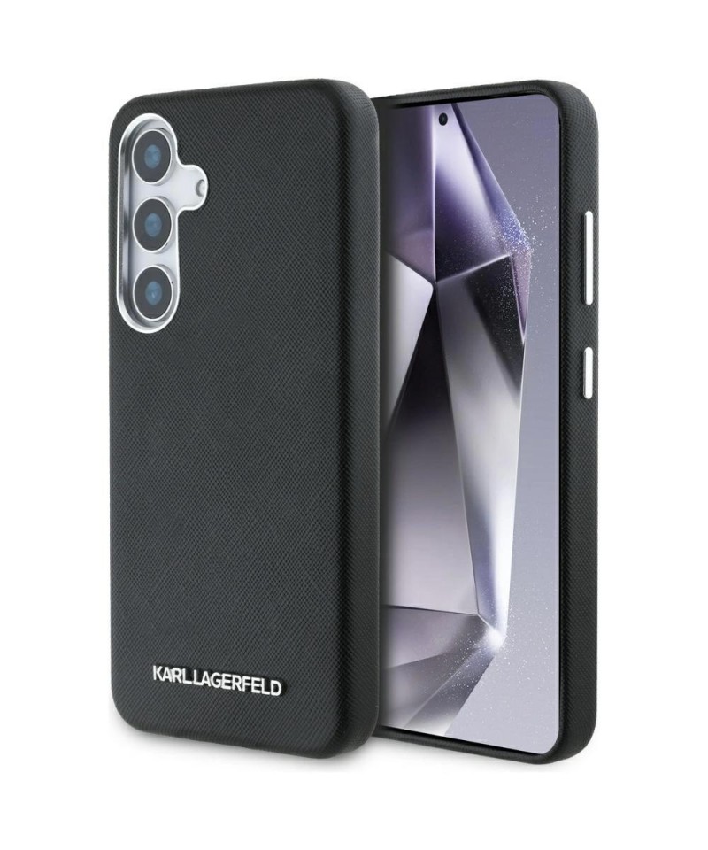Karl Lagerfeld Saffiano Full Wrapped Elongated Metal Logo MagSafe Case for Samsung Galaxy S25 - Black