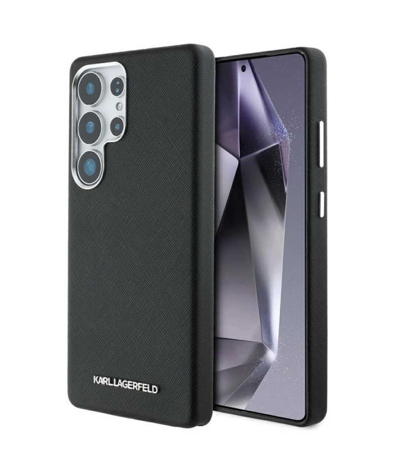 Karl Lagerfeld Saffiano Full Wrapped Elongated Metal Logo MagSafe Case for Samsung Galaxy S25 Ultra - Black