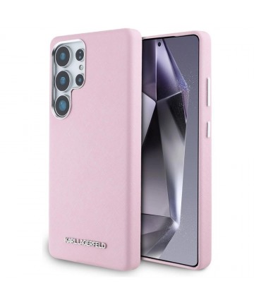 Karl Lagerfeld Saffiano Full Wrapped Elongated Metal Logo MagSafe Case for Samsung Galaxy S25 Ultra - Pink