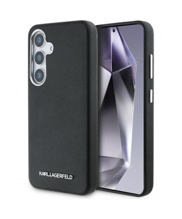 Karl Lagerfeld Saffiano Full Wrapped Elongated Metal Logo MagSafe Case for Samsung Galaxy S25+ - Black