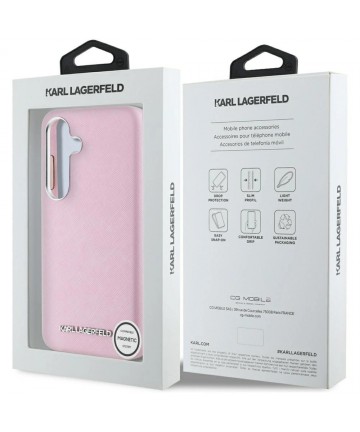 Karl Lagerfeld Saffiano Full Wrapped Elongated Metal Logo MagSafe Case for Samsung Galaxy S25+ - Pink