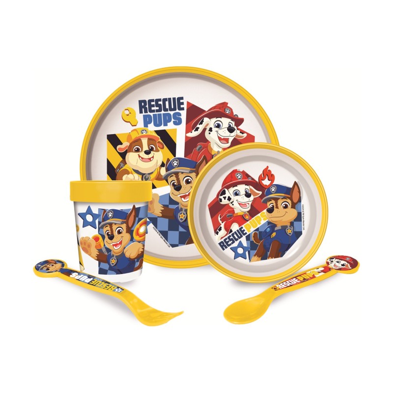 Stor: Paw Patrol Boy Rescue Pups 5 Pcs -Non Slip Bicolor Premium Set (Plate Bowl Tumbler 260 Ml & Cutlery) (81681)
