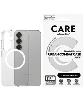 CARE by PanzerGlass Flagship Urban Combat White QI Case for Samsung Galaxy S25 - Transparent