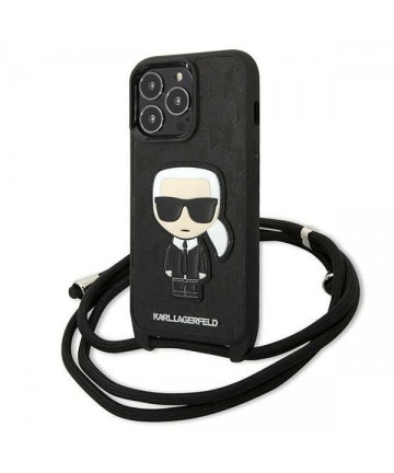 Karl Lagerfeld Leather Monogram Patch and Cord Iconik Case for iPhone 13 Pro / 13 - Black
