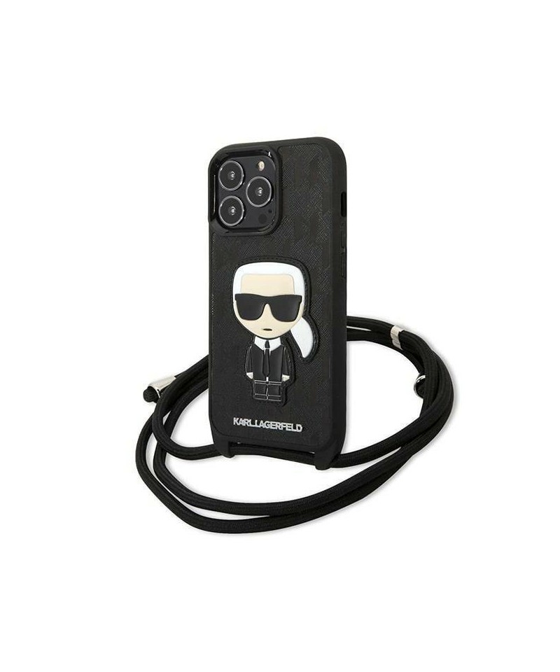 Karl Lagerfeld Leather Monogram Patch and Cord Iconik Case for iPhone 13 Pro / 13 - Black