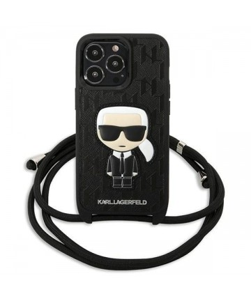 Karl Lagerfeld Leather Monogram Patch and Cord Iconik Case for iPhone 13 Pro / 13 - Black