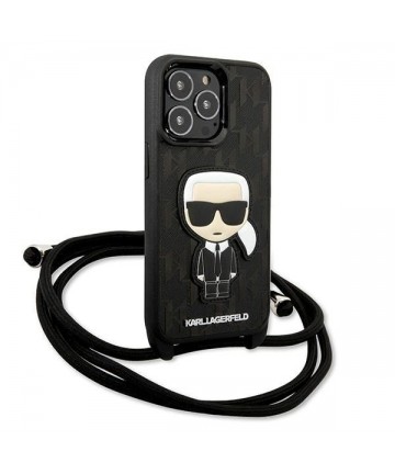 Karl Lagerfeld Leather Monogram Patch and Cord Iconik Case for iPhone 13 Pro / 13 - Black