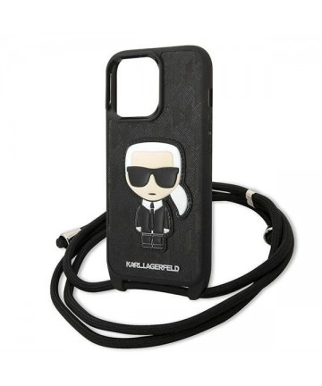 Karl Lagerfeld Leather Monogram Patch and Cord Iconik Case for iPhone 13 Pro / 13 - Black