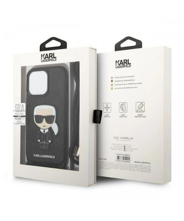 Karl Lagerfeld Leather Monogram Patch and Cord Iconik Case for iPhone 13 Pro / 13 - Black