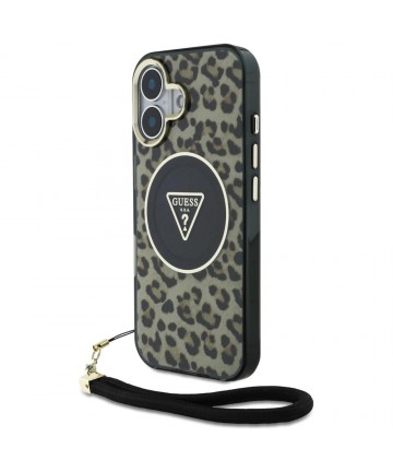 Guess HC IML Leopard Triangle Cord Strap MagSafe iPhone 16 Case - Brown