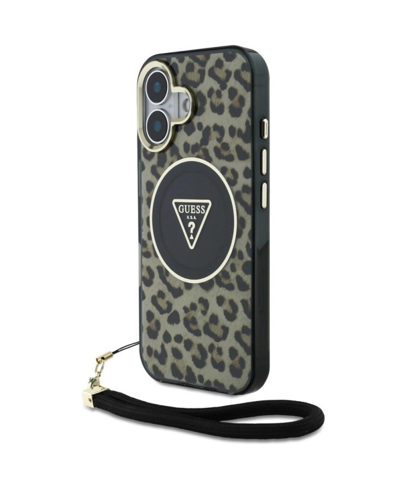 Guess HC IML Leopard Triangle Cord Strap MagSafe iPhone 16 Case - Brown
