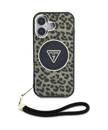 Guess HC IML Leopard Triangle Cord Strap MagSafe iPhone 16 Case - Brown