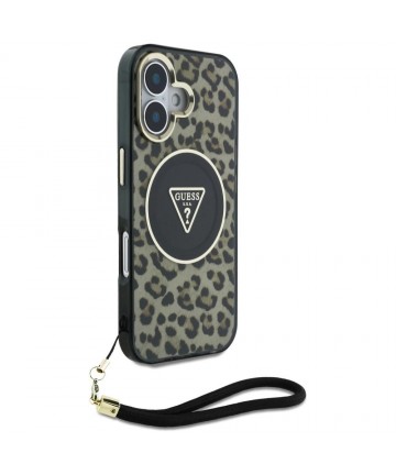 Guess HC IML Leopard Triangle Cord Strap MagSafe iPhone 16 Case - Brown
