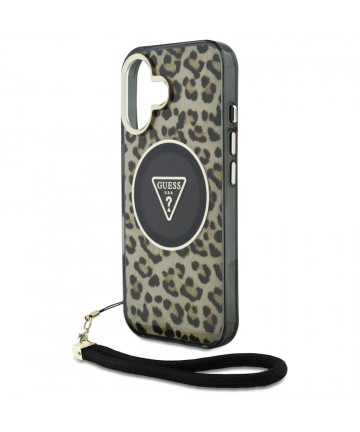 Guess HC IML Leopard Triangle Cord Strap MagSafe iPhone 16 Case - Brown