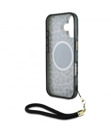 Guess HC IML Leopard Triangle Cord Strap MagSafe iPhone 16 Case - Brown