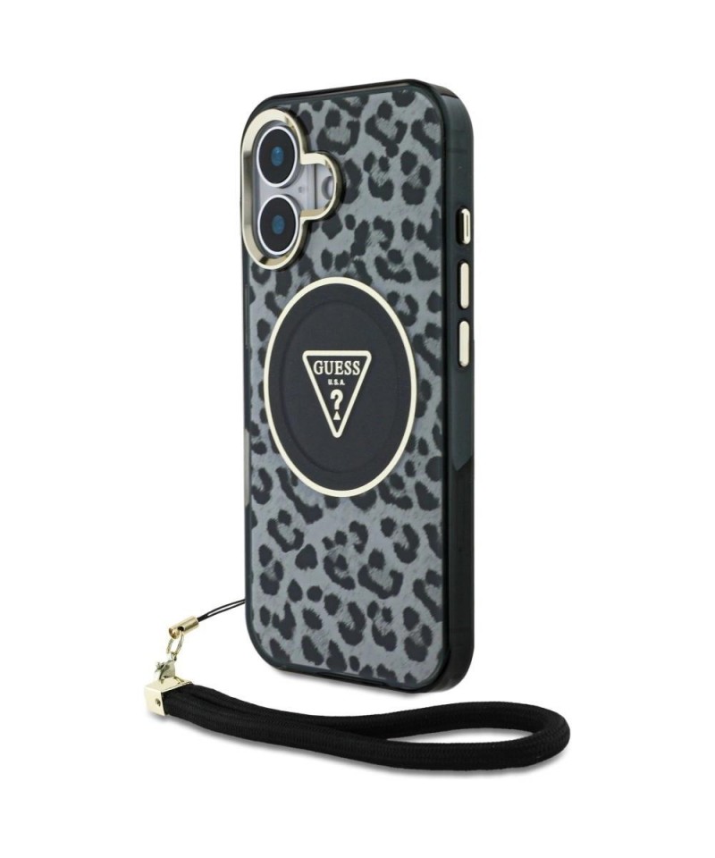 Guess HC IML Leopard Triangle Cord Strap MagSafe case for iPhone 16 - black