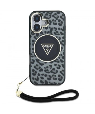 Guess HC IML Leopard Triangle Cord Strap MagSafe case for iPhone 16 - black