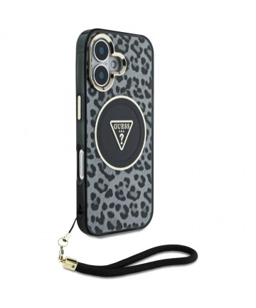 Guess HC IML Leopard Triangle Cord Strap MagSafe case for iPhone 16 - black