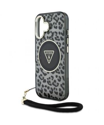 Guess HC IML Leopard Triangle Cord Strap MagSafe case for iPhone 16 - black