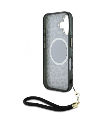 Guess HC IML Leopard Triangle Cord Strap MagSafe case for iPhone 16 - black
