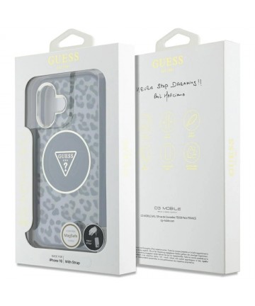Guess HC IML Leopard Triangle Cord Strap MagSafe case for iPhone 16 - black
