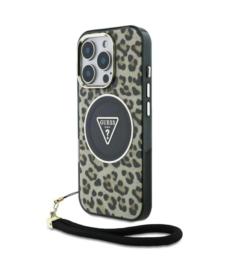 Guess HC IML Leopard Triangle Cord Strap MagSafe Case for iPhone 16 Pro - Brown