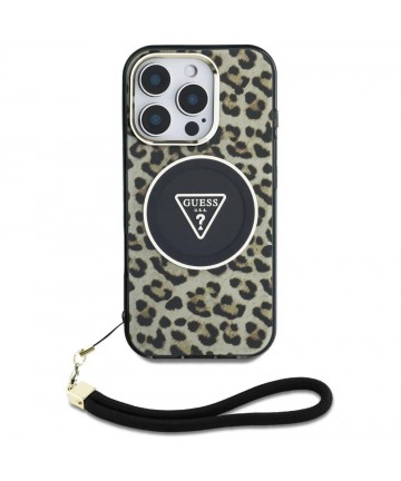 Guess HC IML Leopard Triangle Cord Strap MagSafe Case for iPhone 16 Pro - Brown