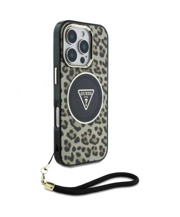 Guess HC IML Leopard Triangle Cord Strap MagSafe Case for iPhone 16 Pro - Brown