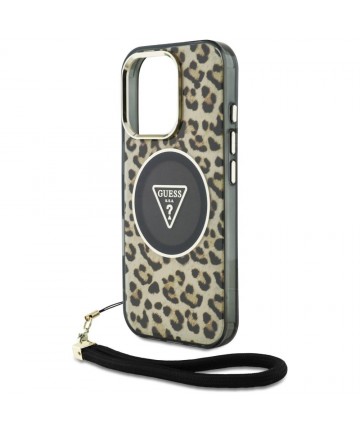 Guess HC IML Leopard Triangle Cord Strap MagSafe Case for iPhone 16 Pro - Brown