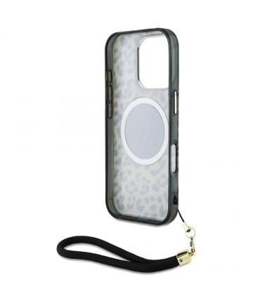 Guess HC IML Leopard Triangle Cord Strap MagSafe Case for iPhone 16 Pro - Brown