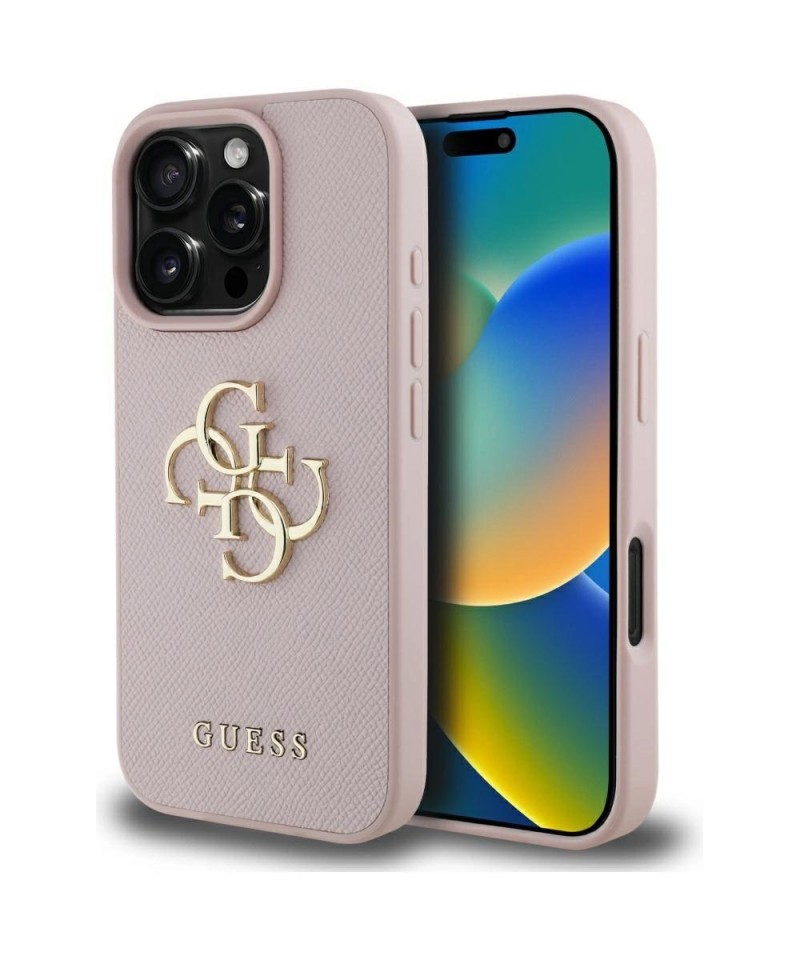 Guess Grained Big 4G Logo Small Classic Logo Case for iPhone 16 Pro - Pink