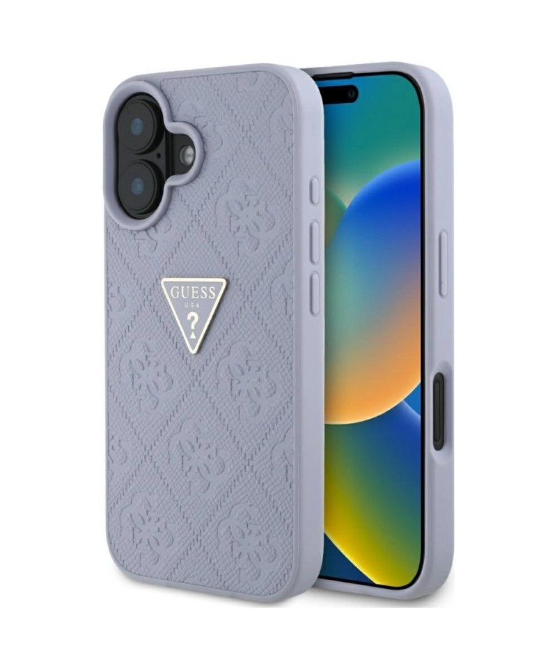 Guess Hot Stamp 4G Pattern Triangle Metal Logo iPhone 16 Case - Purple