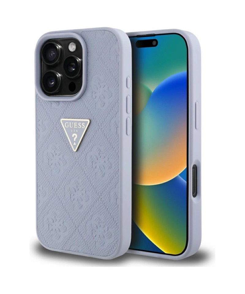 Guess Hot Stamp 4G Pattern Triangle Metal Logo iPhone 16 Pro Case - Purple