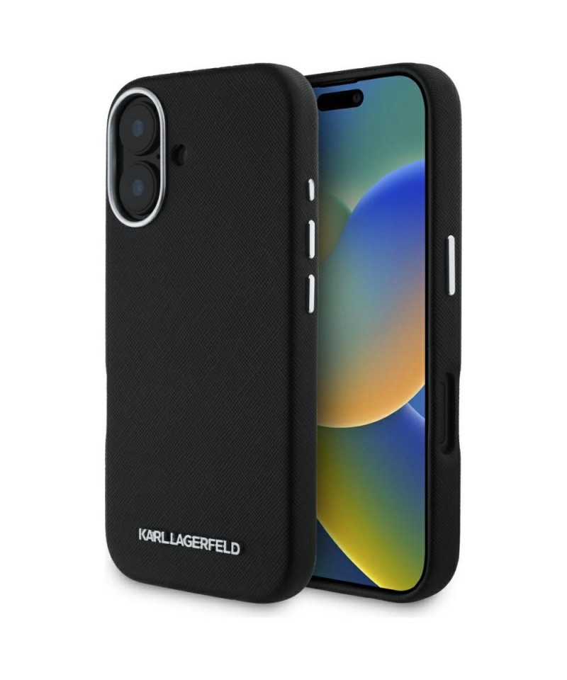 Karl Lagerfeld Saffiano Full Wrapped Elongated Metal Logo MagSafe Case for iPhone 16 - Black