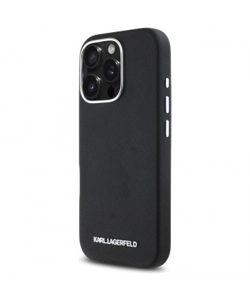 Karl Lagerfeld Saffiano Full Wrapped Elongated Metal Logo MagSafe iPhone 16 Pro Case - Black