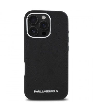 Karl Lagerfeld Saffiano Full Wrapped Elongated Metal Logo MagSafe iPhone 16 Pro Case - Black