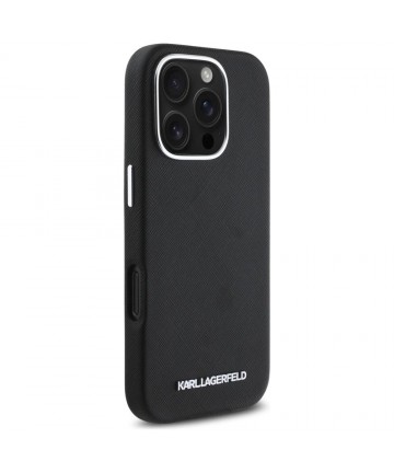 Karl Lagerfeld Saffiano Full Wrapped Elongated Metal Logo MagSafe iPhone 16 Pro Case - Black